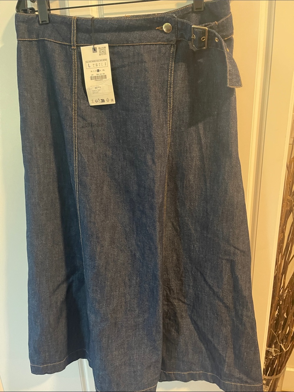 Zara Dark Blue A-Line Denim Wrap Skirt with Side Buckle NEW